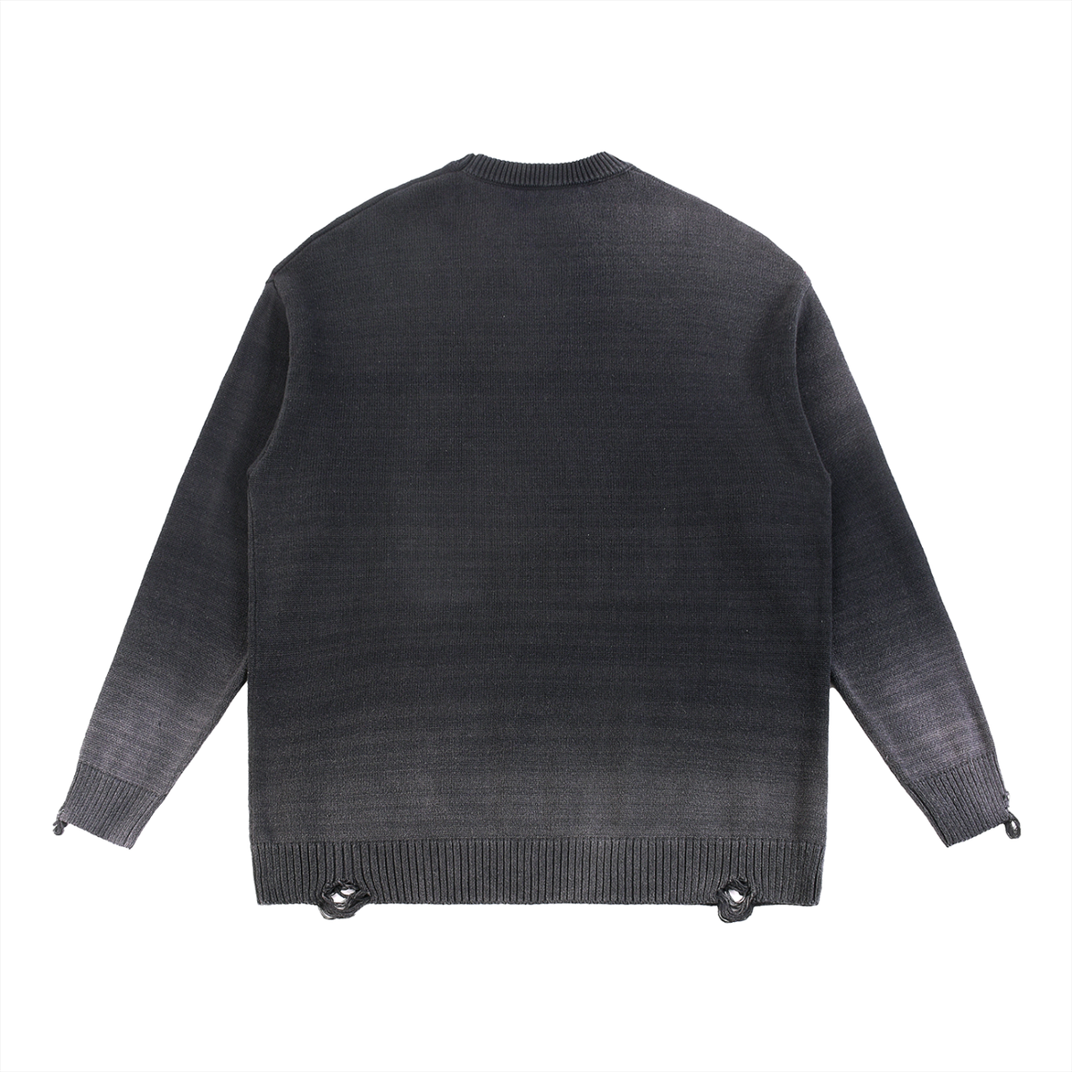 Unisex Sun Fade Distressed Ripped Crewneck Sweater in black, alternate angle