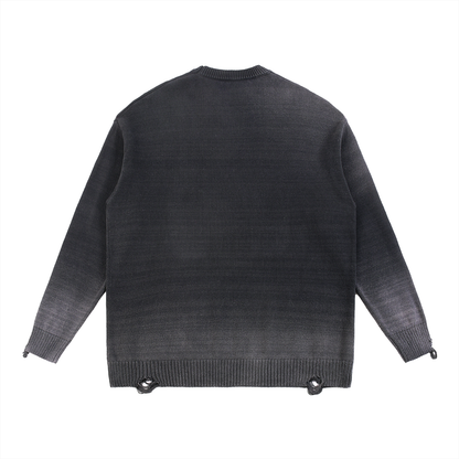 Unisex Sun Fade Distressed Ripped Crewneck Sweater in black, alternate angle