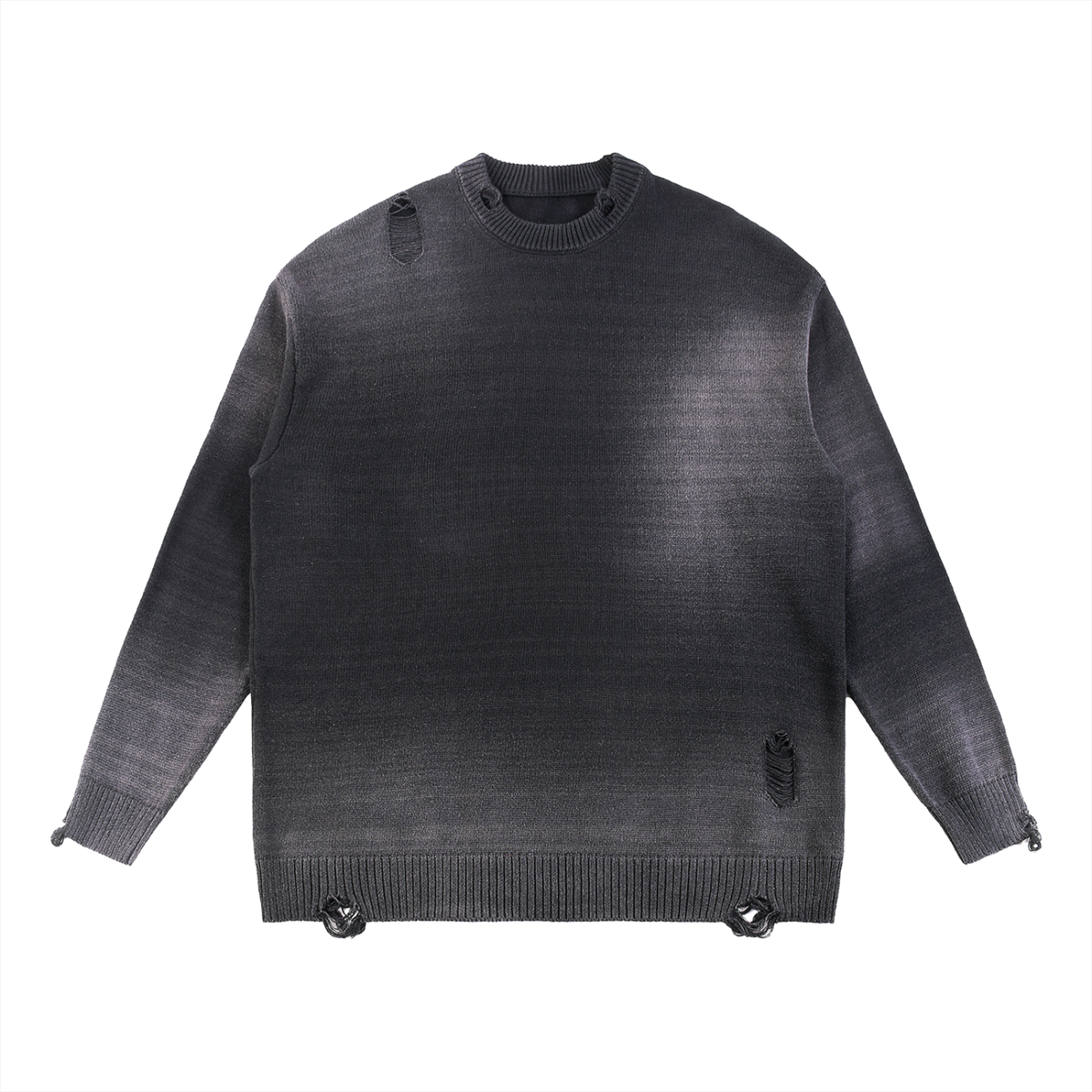 Unisex Sun Fade Distressed Ripped Crewneck Sweater in black