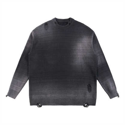 Unisex Sun Fade Distressed Ripped Crewneck Sweater in black