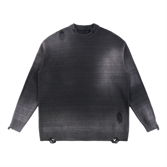Unisex Sun Fade Distressed Ripped Crewneck Sweater in black