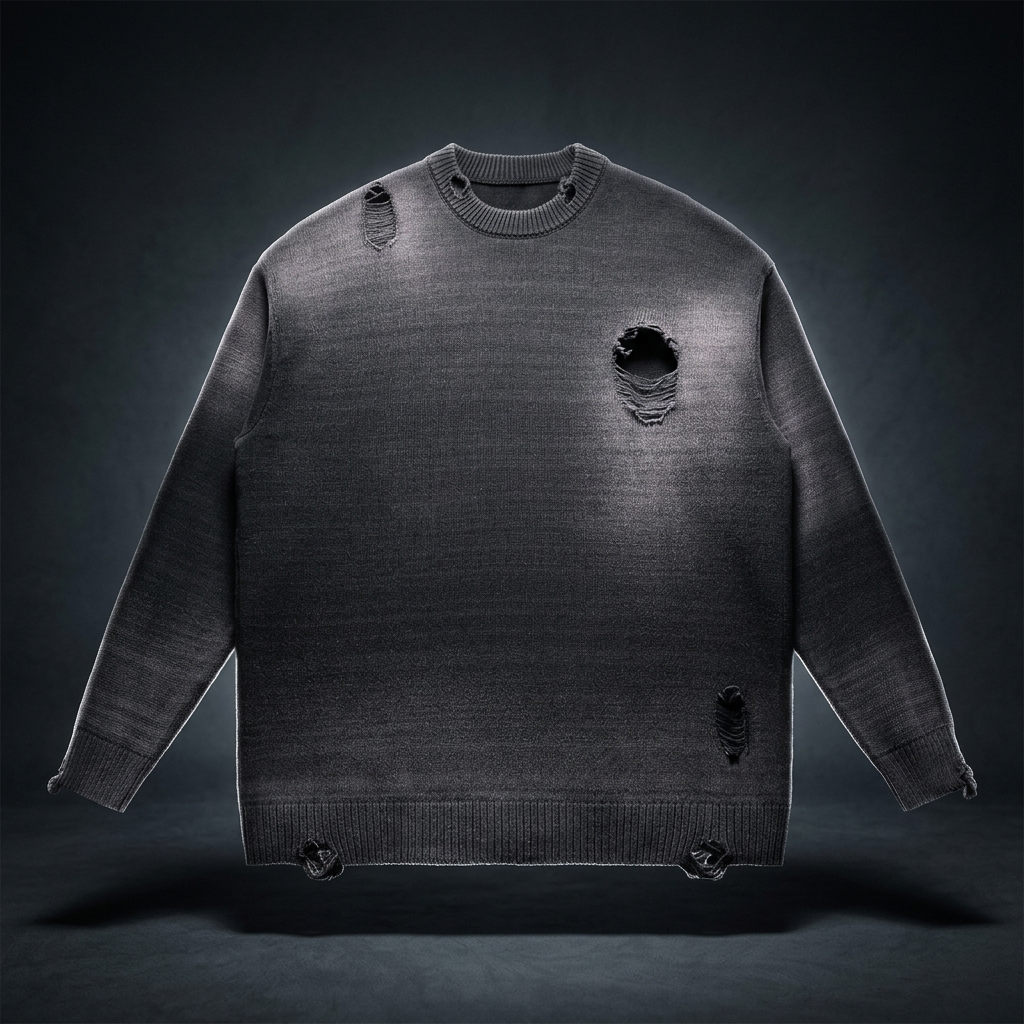 Unisex Sun Fade Distressed Ripped Crewneck Sweater