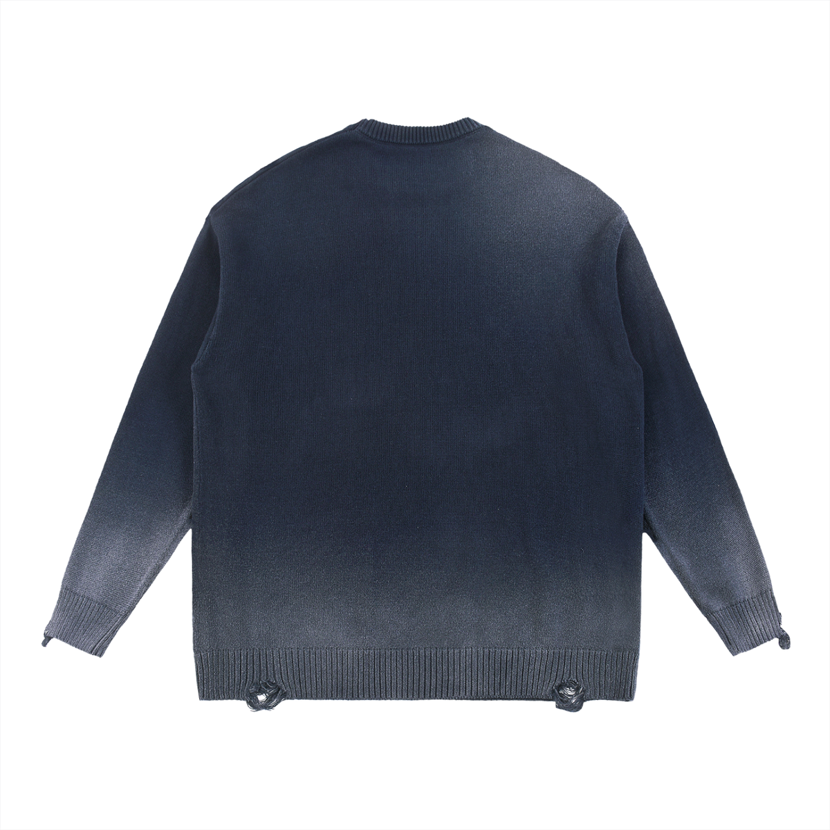 Unisex Sun Fade Distressed Ripped Crewneck Sweater in navy blue, alternate angle