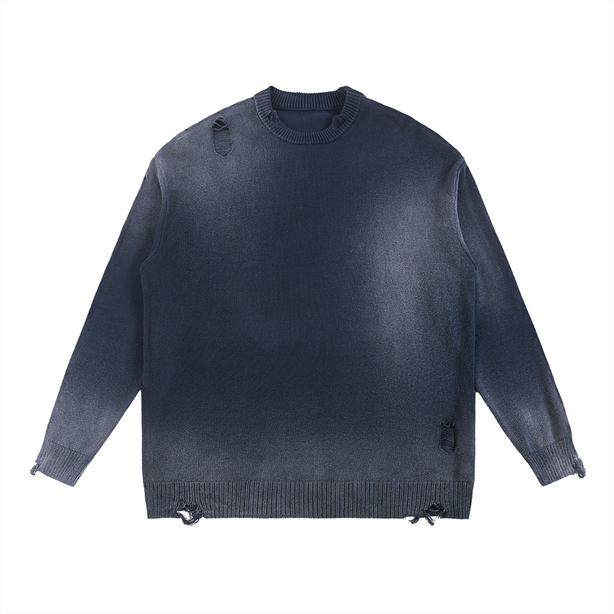 Unisex Sun Fade Distressed Ripped Crewneck Sweater in navy blue
