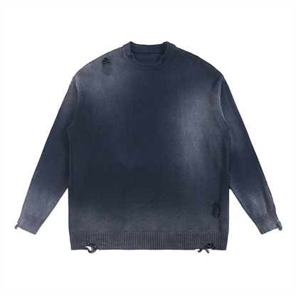 Unisex Sun Fade Distressed Ripped Crewneck Sweater in navy blue