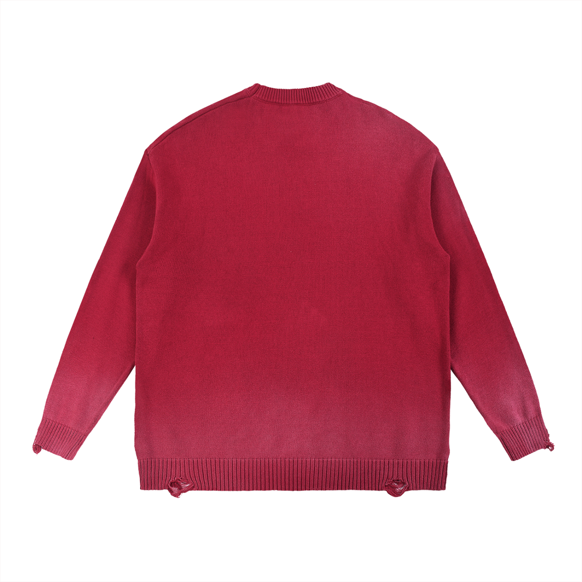 Unisex Sun Fade Distressed Ripped Crewneck Sweater in red, alternate angle