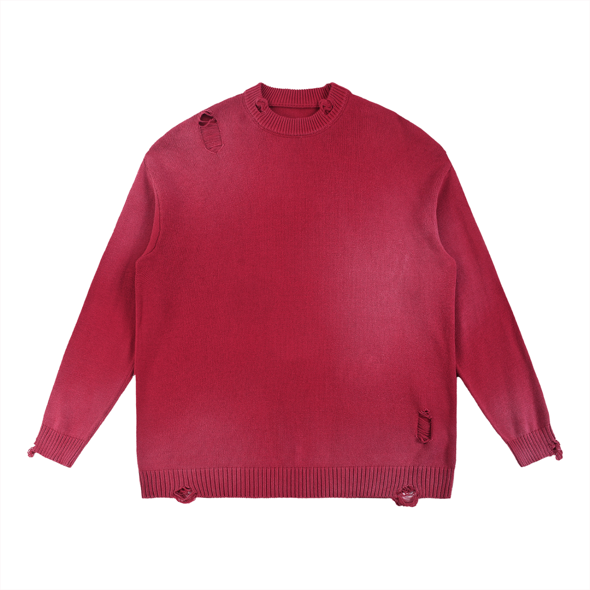 Unisex Sun Fade Distressed Ripped Crewneck Sweater in red