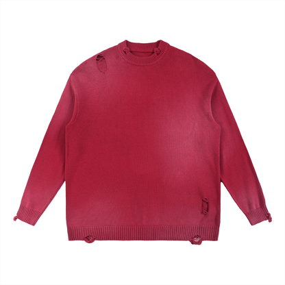 Unisex Sun Fade Distressed Ripped Crewneck Sweater in red