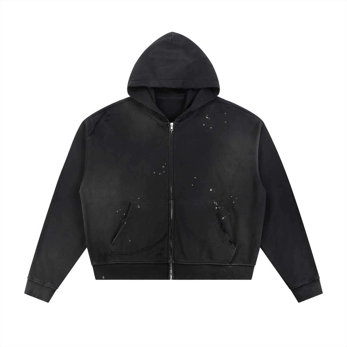 Unisex Sun Fade Frayed Raw Edge Fleece Zip Hoodie in black