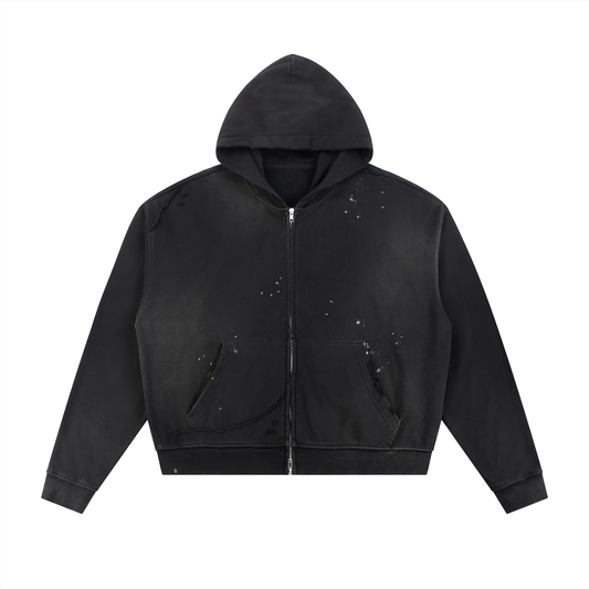 Unisex Sun Fade Frayed Raw Edge Fleece Zip Hoodie in black