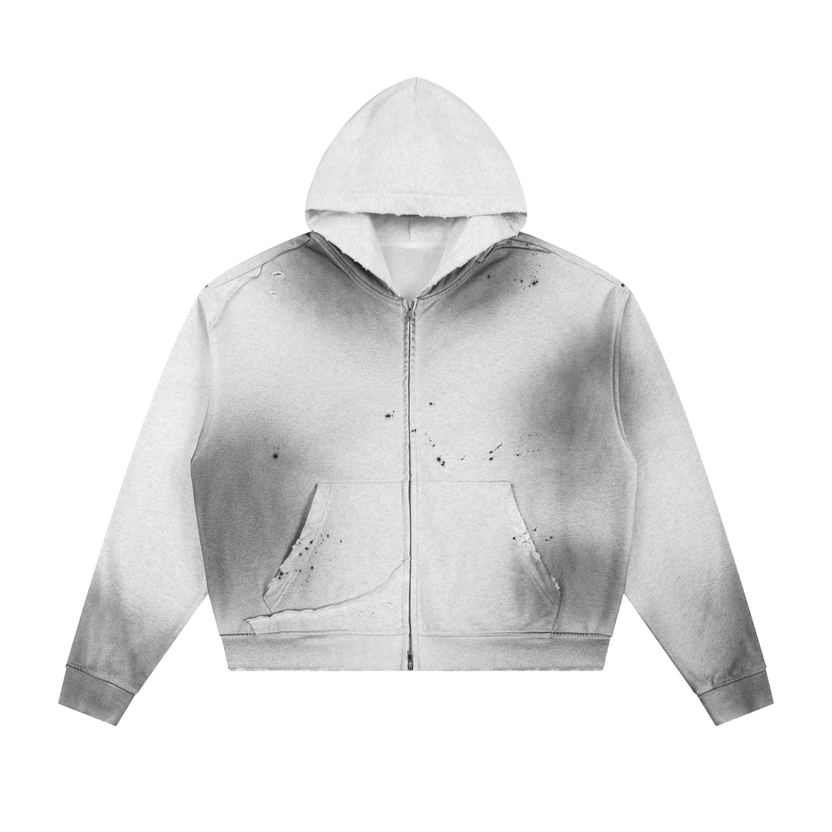 Unisex Sun Fade Frayed Raw Edge Fleece Zip Hoodie in flower gray