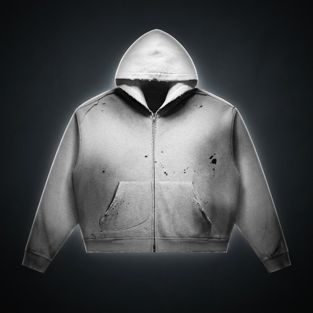 Unisex Sun Fade Frayed Raw Edge Fleece Zip Hoodie