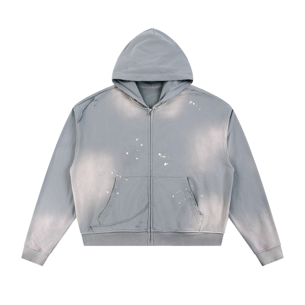 Unisex Sun Fade Frayed Raw Edge Fleece Zip Hoodie in gray blue