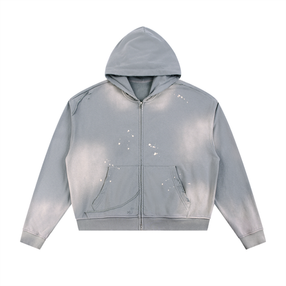 Unisex Sun Fade Frayed Raw Edge Fleece Zip Hoodie in gray blue