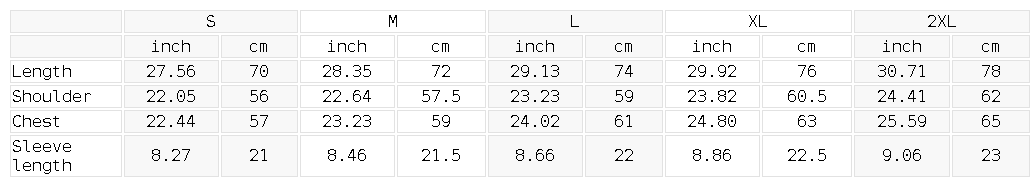 Size chart for the Unisex Sun Fade Hand-Frayed Cotton T-Shirt