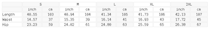 Size chart for the Unisex Sun Fade Heavyweight Denim Jeans