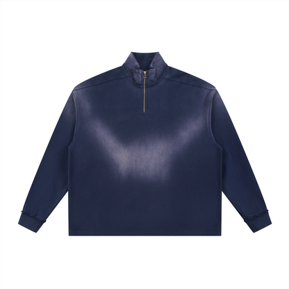 Unisex Sun Fade Raw Edge Quarter-Zip Sweatshirt in navy blue