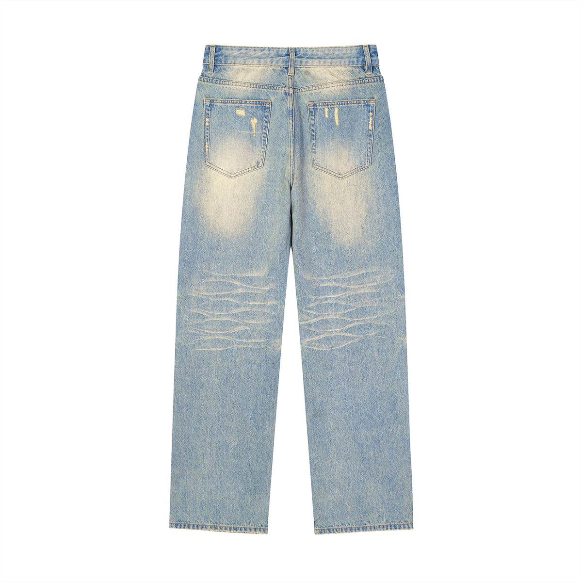 Unisex Sun Fade Raw Hem Denim Jeans in blue, alternate angle