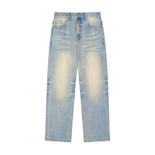 Unisex Sun Fade Raw Hem Denim Jeans in blue