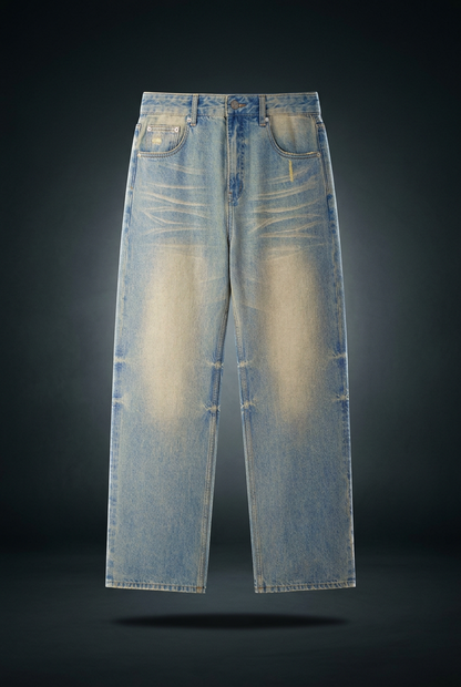 Unisex Sun Fade Raw Hem Denim Jeans