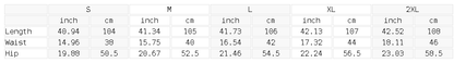 Size chart for the Unisex Sun Fade Raw Hem Denim Jeans