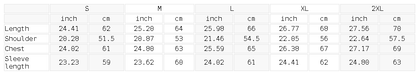 Size chart for the Unisex Sunfade Boxy Long Sleeve T-Shirt