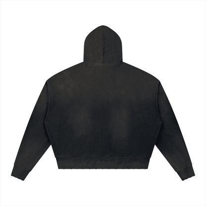 Unisex Sunfade Distressed Boxy Hoodie in black, alternate angle