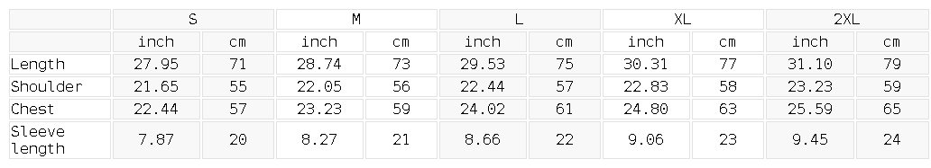 Size chart for the Unisex Sunfade Edge Gradient T-Shirt
