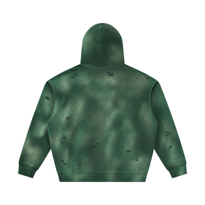 Unisex Sunfade Frayed Fleece Hoodie in dark green, alternate angle