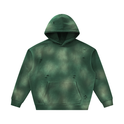 Unisex Sunfade Frayed Fleece Hoodie in dark green