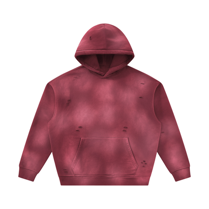 Unisex Sunfade Frayed Fleece Hoodie in dark red