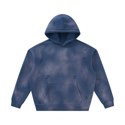 Unisex Sunfade Frayed Fleece Hoodie in navy blue
