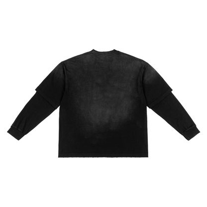Unisex Sunfade Hand-Frayed Faux Two-Piece T-Shirt in black, alternate angle