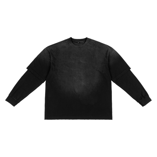 Unisex Sunfade Hand-Frayed Faux Two-Piece T-Shirt in black