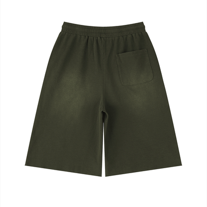 Unisex Sunfade Raw Edge Shorts in army green, alternate angle