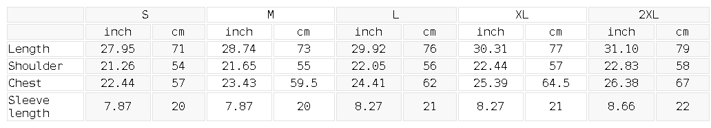Size chart for the Unisex Sunfade T-Shirt