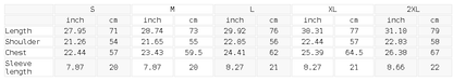 Size chart for the Unisex Sunfade T-Shirt