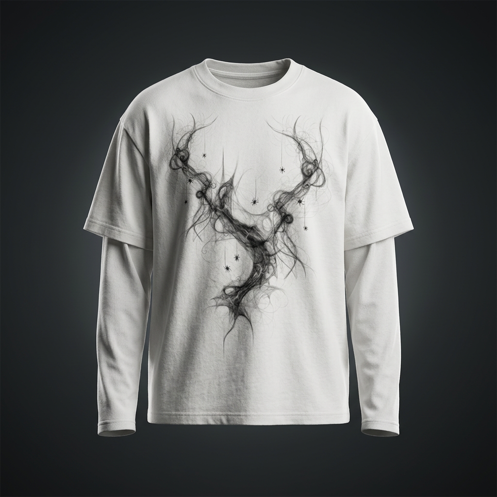 White layered long sleeve tee with a smoky black and gray abstract branch graphic across the chest, shown against a dark studio backdrop