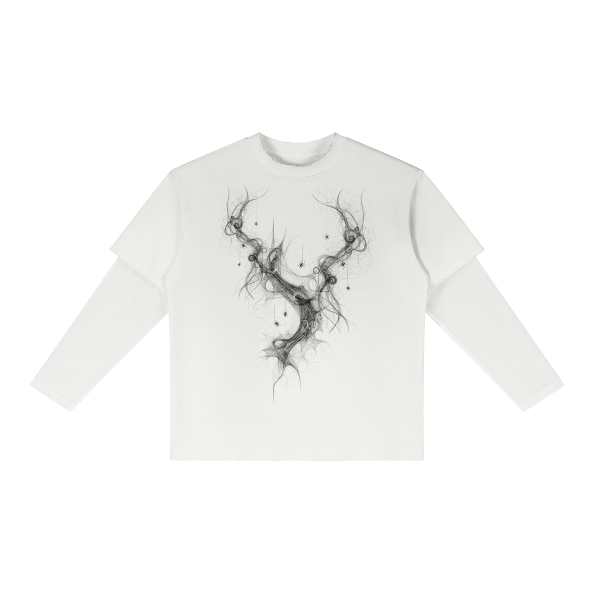 Front of white layered long sleeve tee with a smoky abstract branch graphic with two upper branches meeting in a curve down the chest