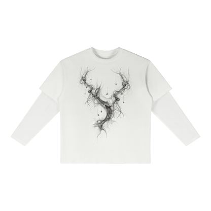 Front of white layered long sleeve tee with a smoky abstract branch graphic with two upper branches meeting in a curve down the chest