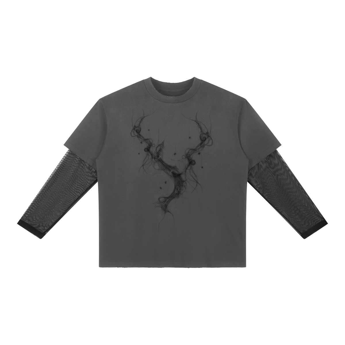 Front of dark gray layered long sleeve tee with sheer mesh sleeves and a smoky abstract branch graphic down the chest