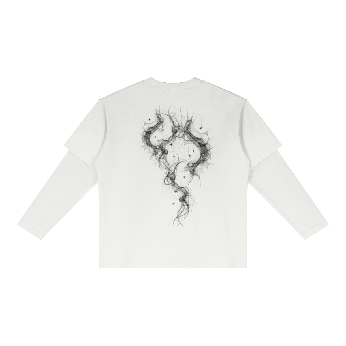Back of white layered long sleeve tee with a looping smoky branch knot graphic across the upper back