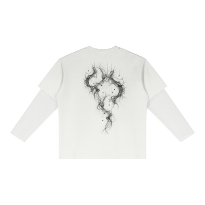 Back of white layered long sleeve tee with a looping smoky branch knot graphic across the upper back