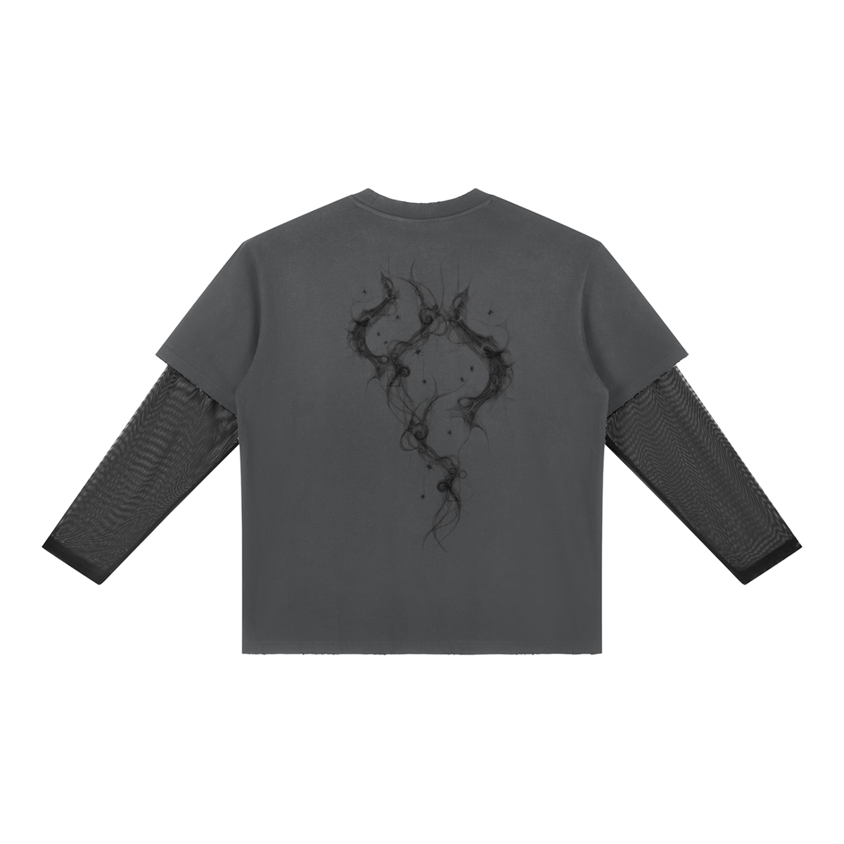 Back of dark gray layered long sleeve tee with sheer mesh sleeves and a looping smoky branch knot graphic across the upper back