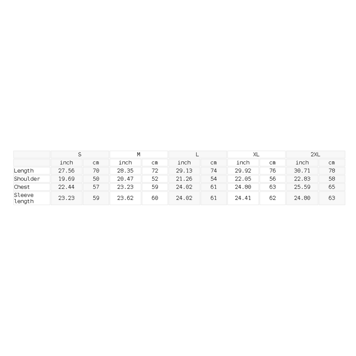 Size chart in inches and centimeters for the layered long sleeve graphic tee, showing length, shoulder, chest and sleeve length