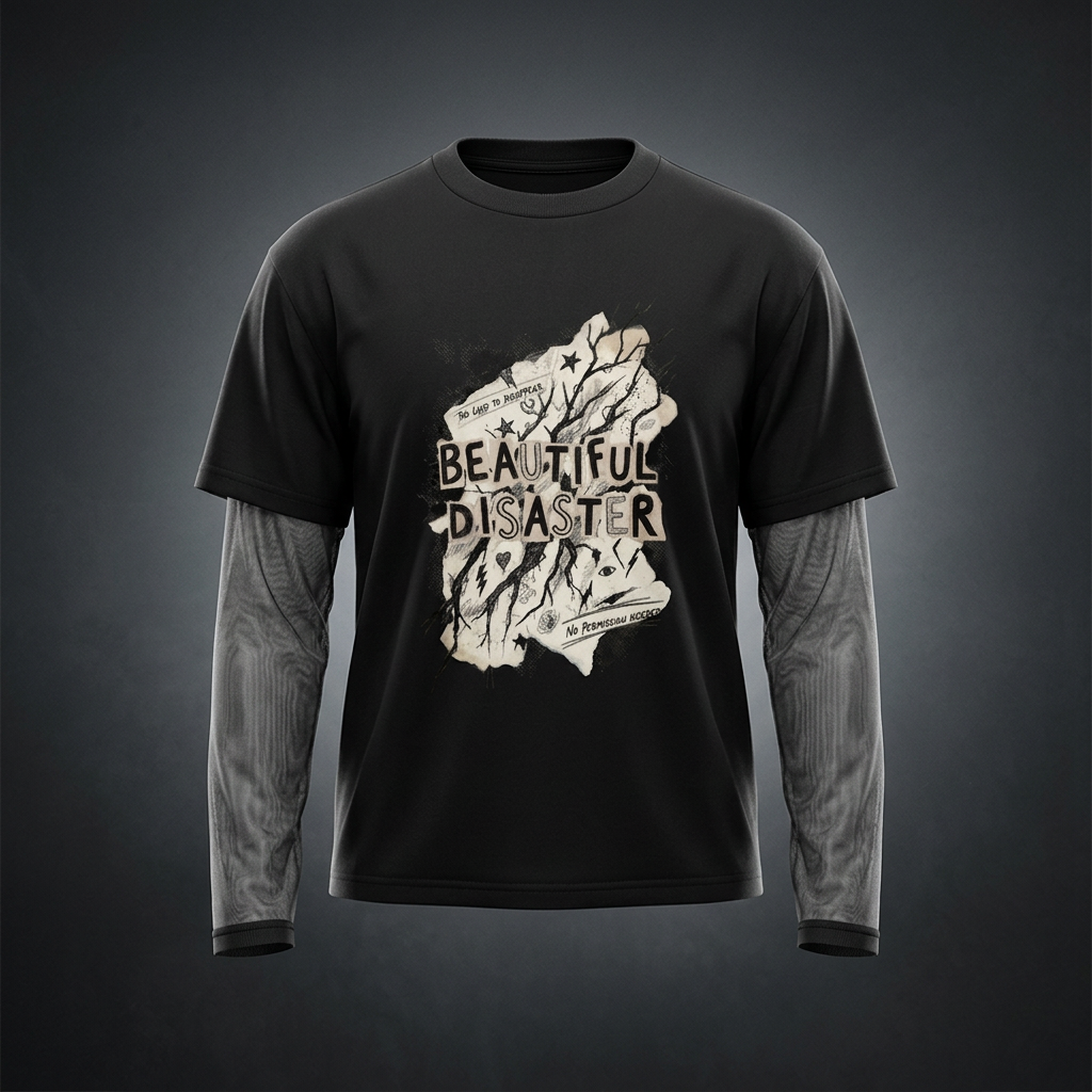 Black layered long sleeve tee with sheer mesh sleeves and a torn-paper graphic with BEAUTIFUL DISASTER lettering, shown against a dark studio backdrop