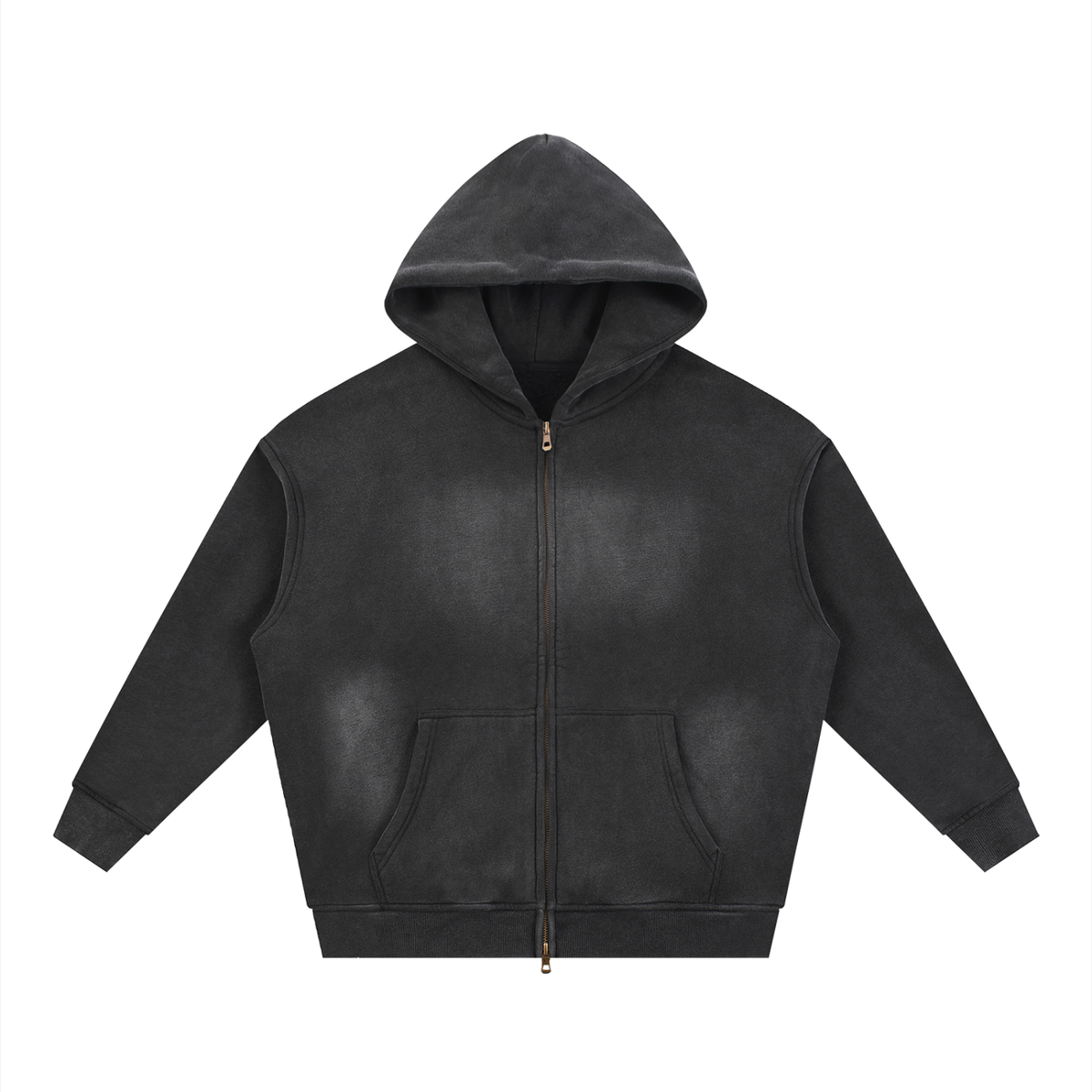 Unisex Sunfade Two-way Zipper Boxy Fleece Hoodie in black