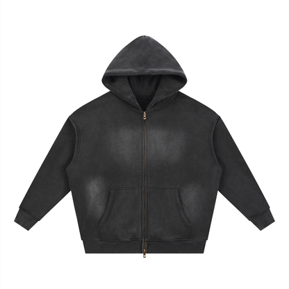 Unisex Sunfade Two-way Zipper Boxy Fleece Hoodie in black