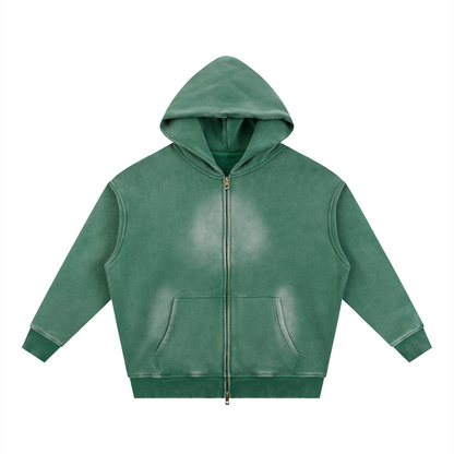 Unisex Sunfade Two-way Zipper Boxy Fleece Hoodie in dark green