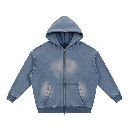 Unisex Sunfade Two-way Zipper Boxy Fleece Hoodie in haze blue
